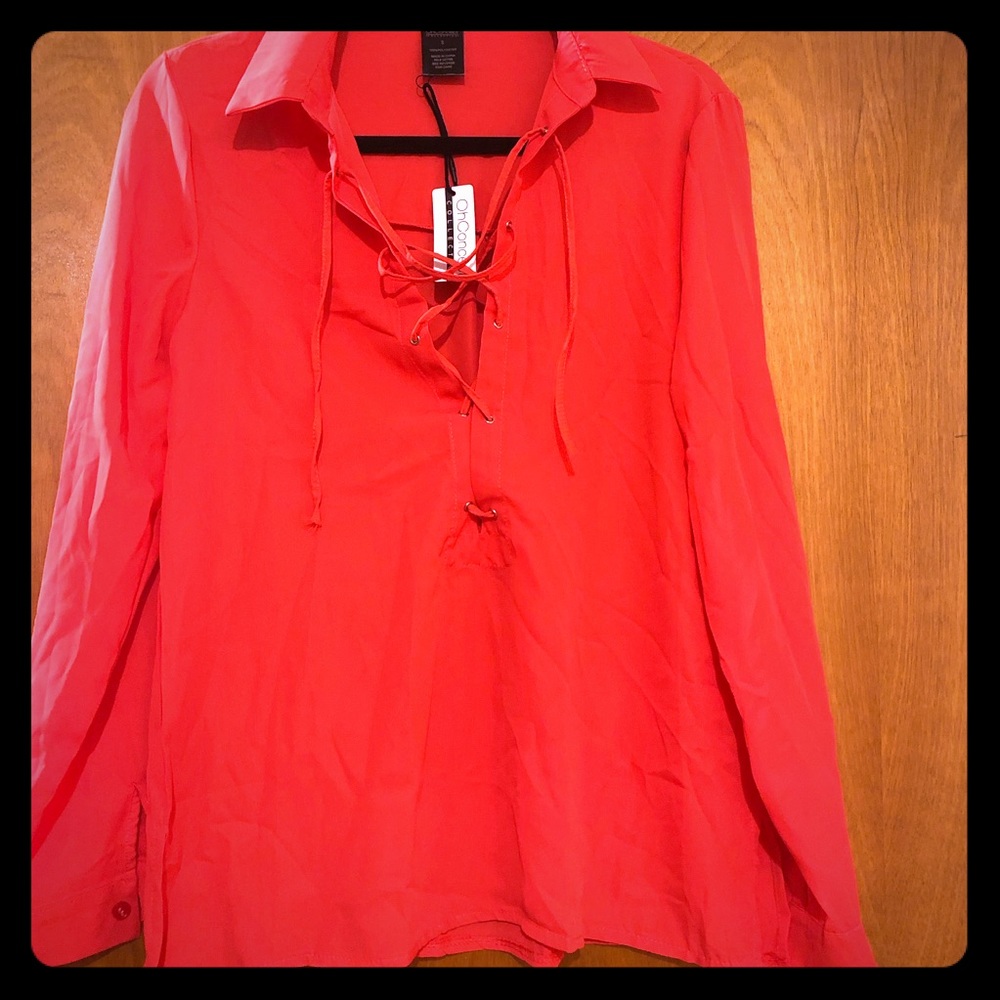Oh Concept Collection S hot red coral lace-up top